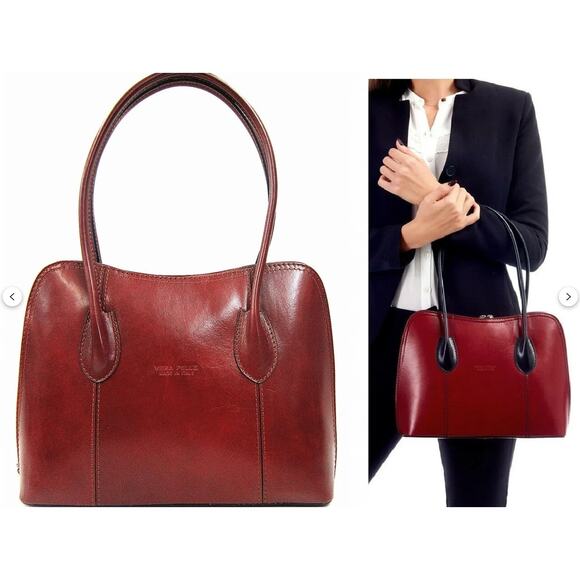 Vera Pelle Tote Shoulder Bag Red Italian Leather - Picture 2 of 7